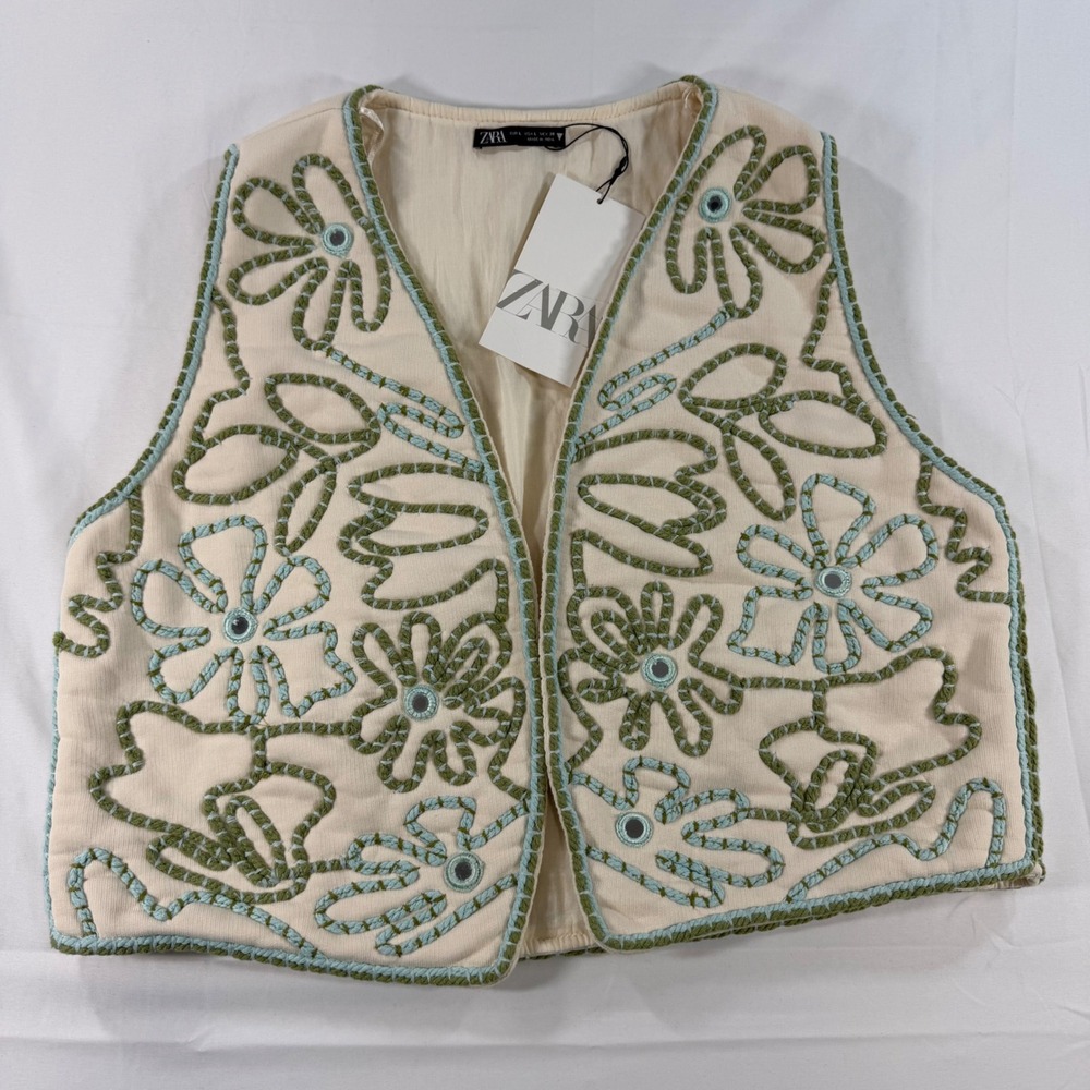 Zara Ecru Women Embroidered Floral Mirror Vest Cream Green Blue Cotton NWT Large - Picture 2 of 12